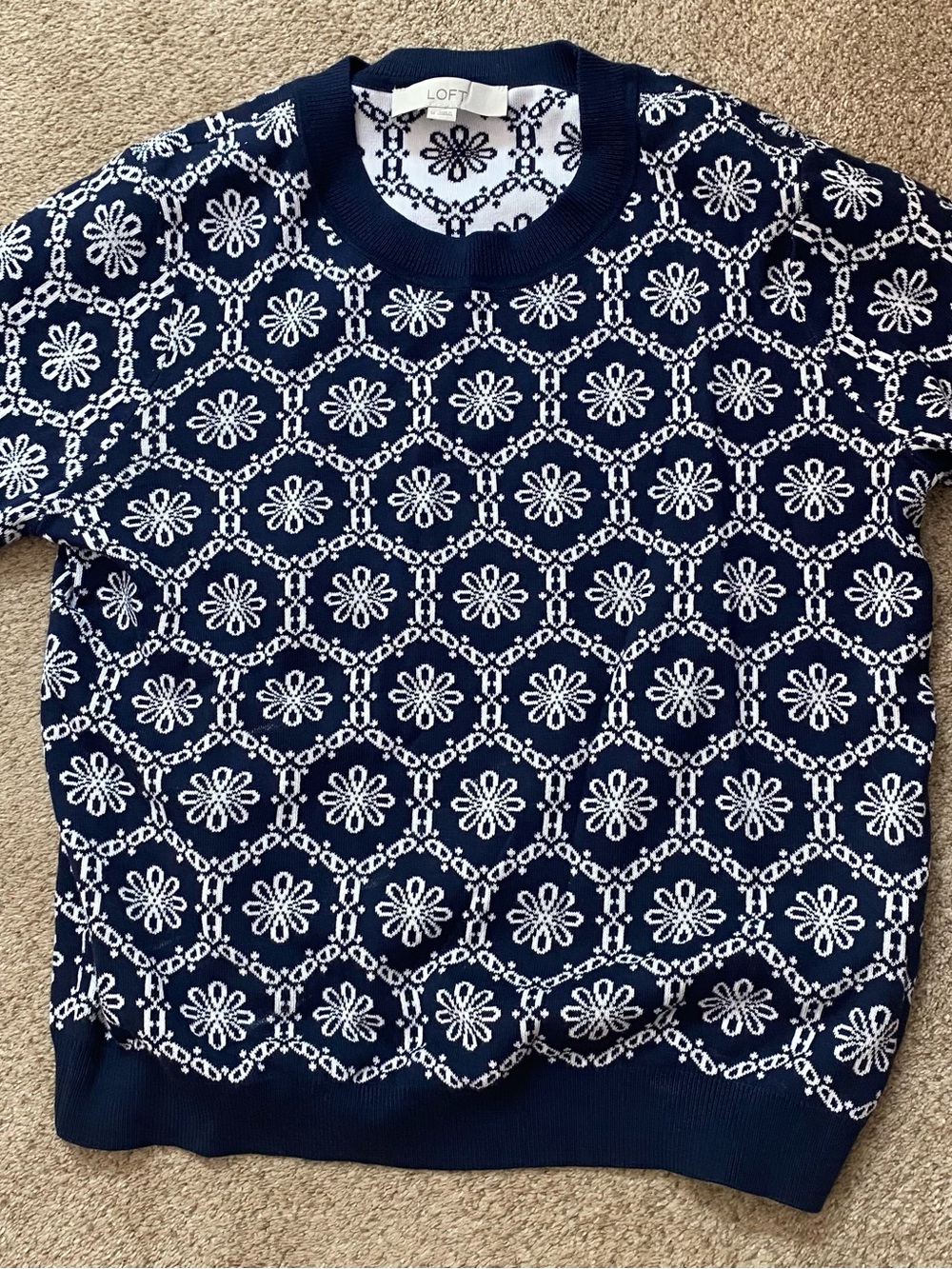 LOFT Navy and White Floral Geometric Crewneck Sweater